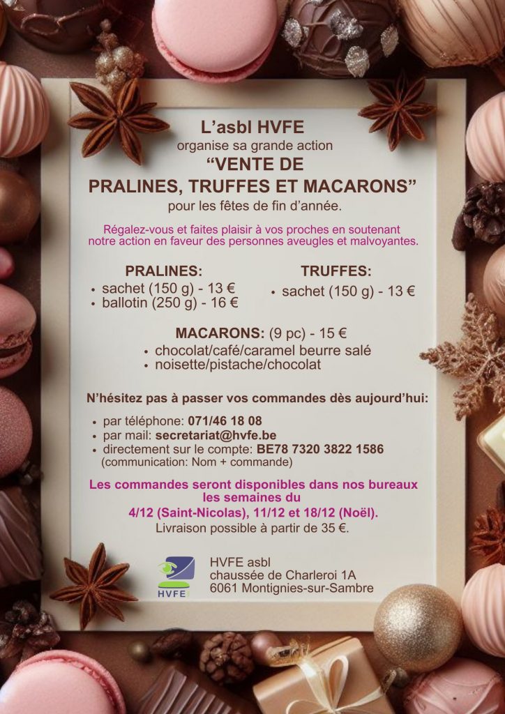 Affiche pour la vente de pralines. Annonce écrite à l'intérieur d'un cadre de macarons roses, pommes de pin, boules de Noël mini cadeau et badiane.