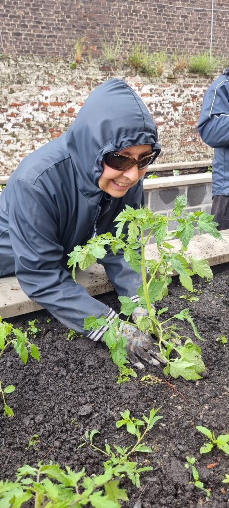 Nathalie plante un plant de tomate.