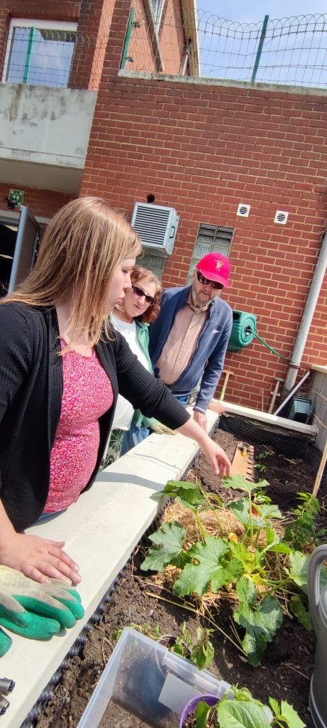 Stéphanie, Pascale et Roberto réfléchissent à la disposition des salade